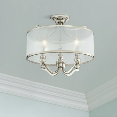 

Possini Euro Design Nor Vintage Ceiling Light Semi Flush Mount Fixture 18 Wide Polished Nickel 4-Light Silver Organza Drum Shade for Bedroom Kitchen