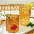 thumbnail image 6 of Vintage Textured Amber Striped Drinking Glasses Set of 6-13 oz Ribbed Glassware with Flower Design| Cocktail Set, Juice Glass, Water Tumbler, 6 of 7