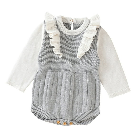 Generic Boys Warm Pullovers Girls Long Sleeve Splice Knitted Ruffles Sweater Baby Bodysuit Romper 1 Piece Outfits Clothes