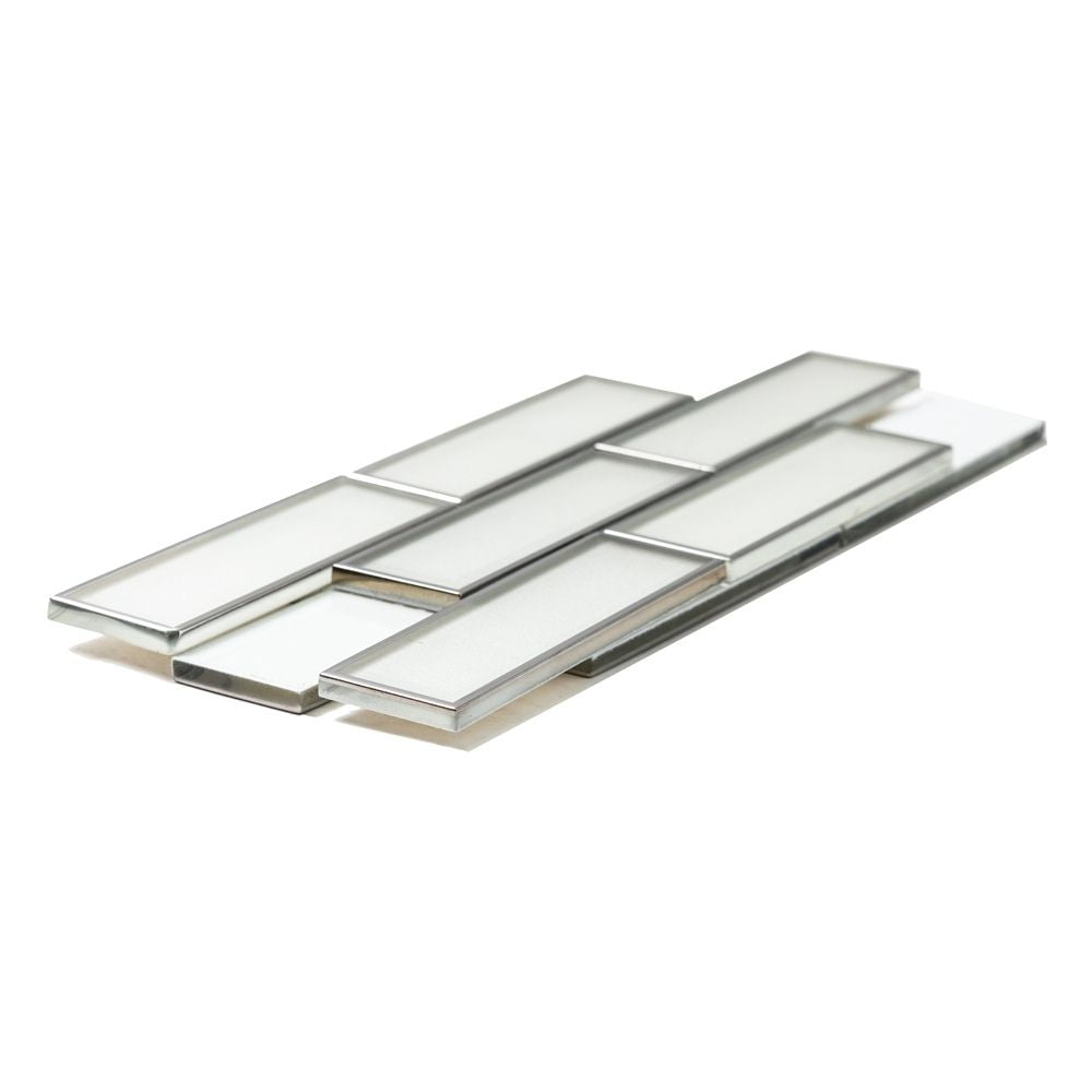 The Tile Life Athena 2" x 6" White/ Silver Glossy Glass Brick Mosaic Tile Sample, 1 Piece