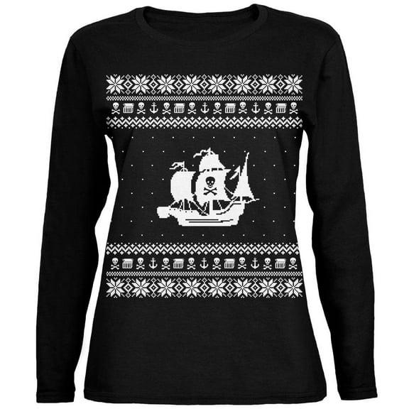Pirate Ship Ugly XMAS Sweater Black Womens Long Sleeve T-Shirt - Small
