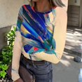 thumbnail image 2 of Sexy Tops for Women Long Sleeve Vintage Texture Print Blouses Y2k Going Out Tees Blouses Dressy Casual Crew Neck Spring Day T Shirts Blue S, 2 of 6