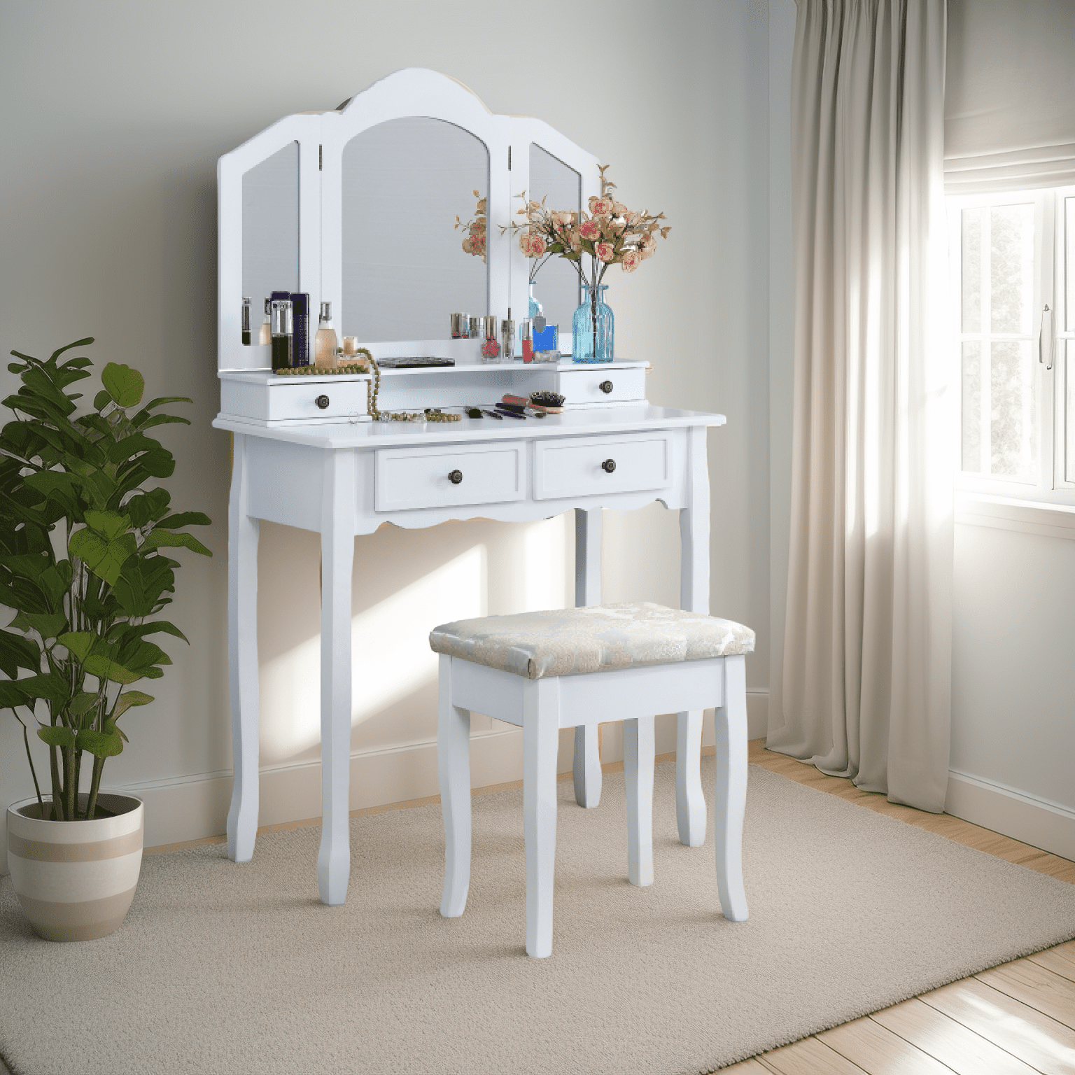 Roundhill Furniture Sanlo Wooden Vanity Make Up Table and Stool Set, White