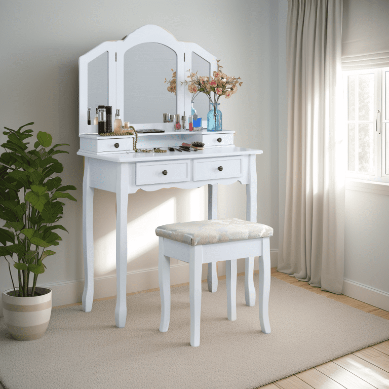 Roundhill Furniture Sanlo Wooden Vanity Make Up Table and Stool Set, White  - Walmart.com