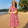 thumbnail image 4 of Fotbe Red Hibiscus Flower Vestido Largo de Moda para Mujer, Vestido Tipo Camiseta con Manga Corta y Estilo Casual a Rayas y Bloques de Color, 4 of 6