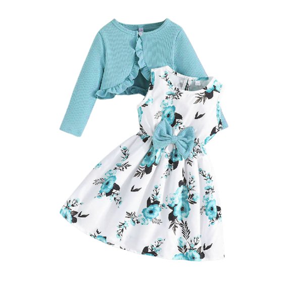 Girls 2 Piece Outfits Ruffle Long Sleeve Knit Shrug and All Over Floral Print Sleeveless Bow Swing Dress, Kids Spring Fall Casual Matching Layered Outfit(Mint Green,3-4 Years)