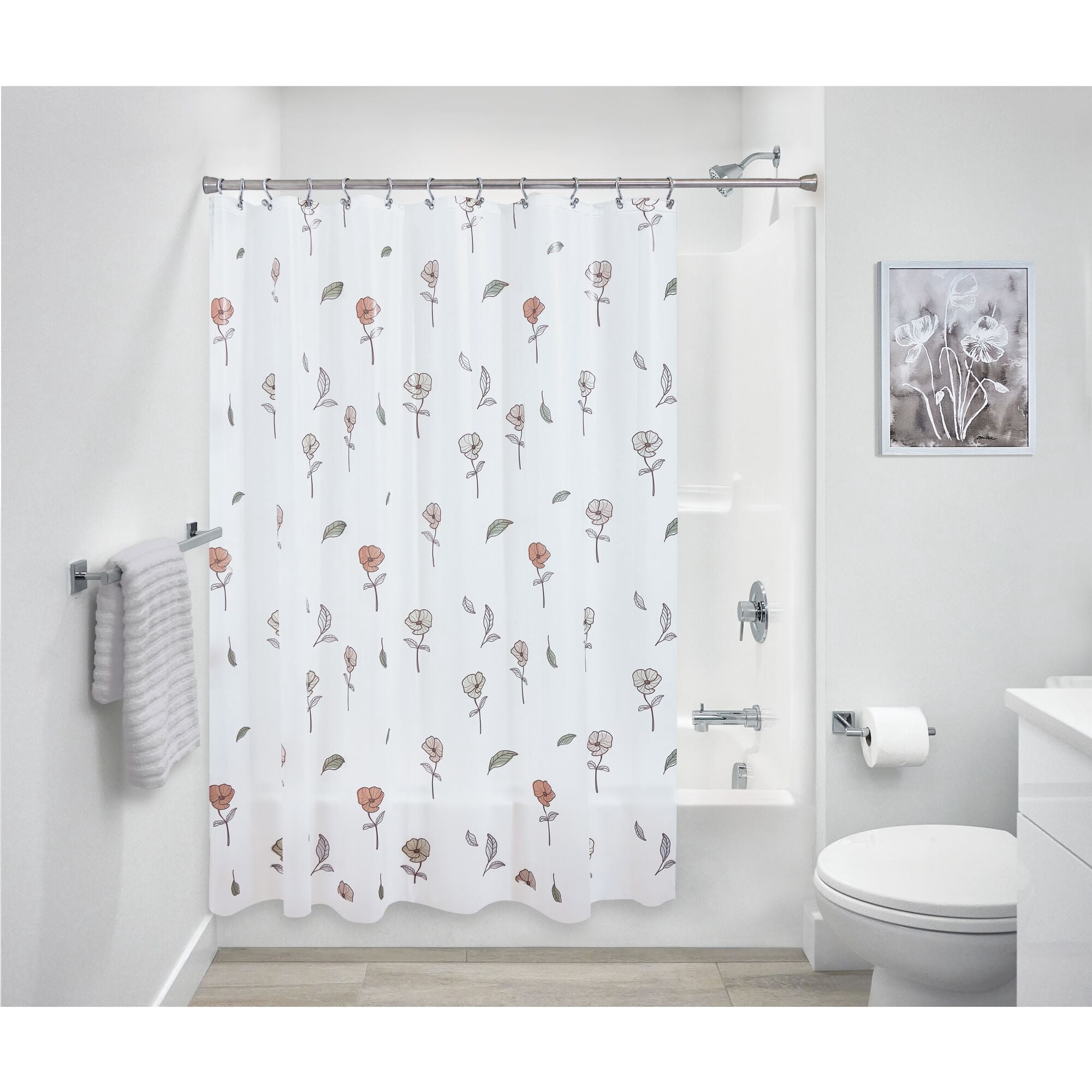iDesign Waterproof PEVA Shower Curtain, Flowers, Multi Color/Frost