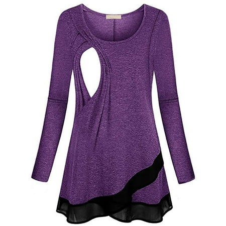 

Feeding Pajamas Double Round Neck Long-Sleeved Hem Lace Stitching Fashionable Breathable Nursing Sleepwear