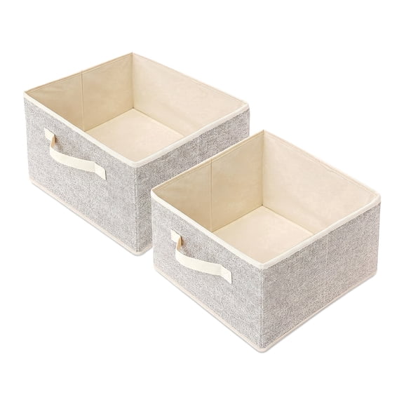 2 Pack Beige 11-inch Foldable Woven Fabric Storage Bins with Reinforced Handles for Closet Shelf Organization