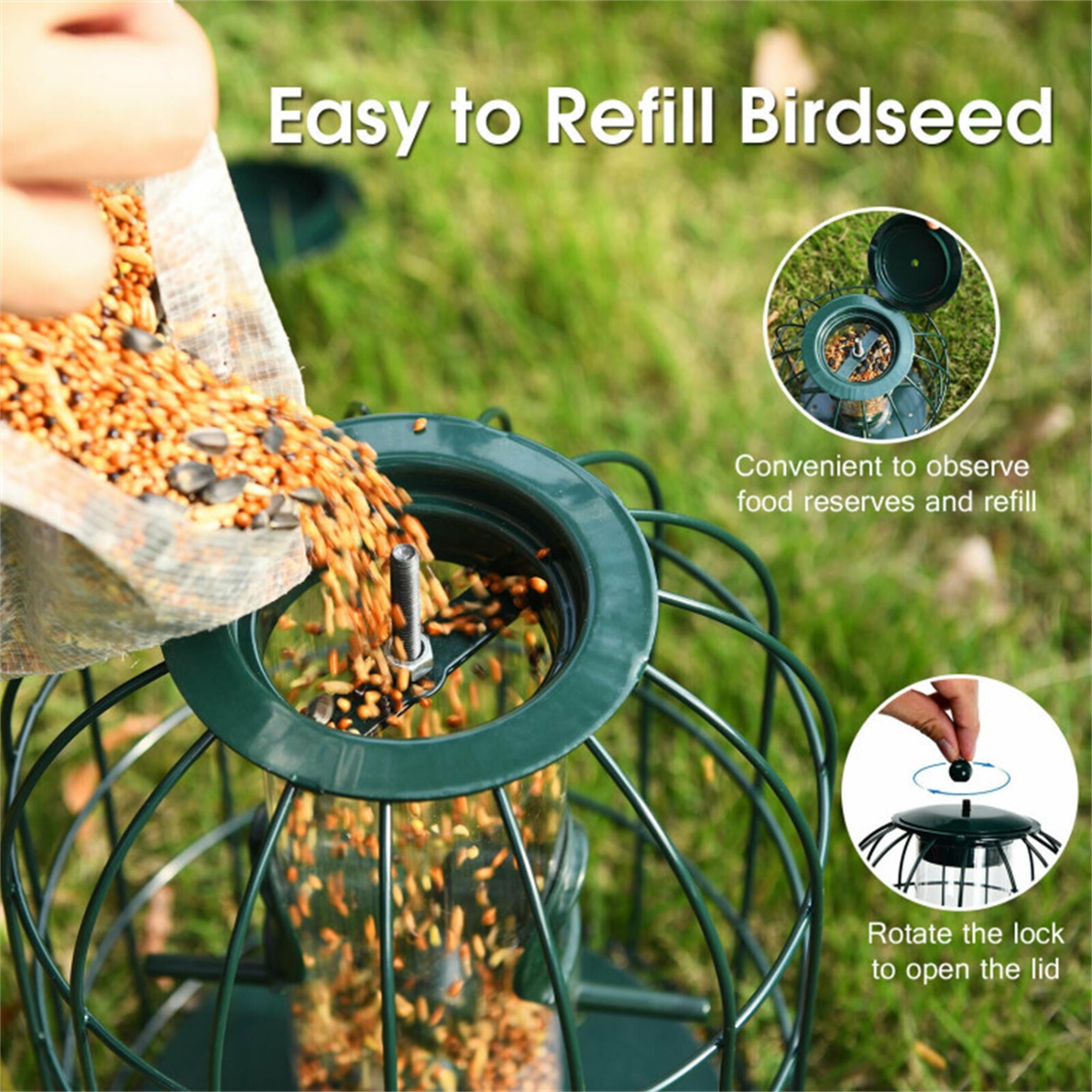 Kadyn 10" Bird Feeder for Outside Hanging, Metal Seed Guard Deterrent House Squirrel-proof Caged Tube Wild Hut, Green