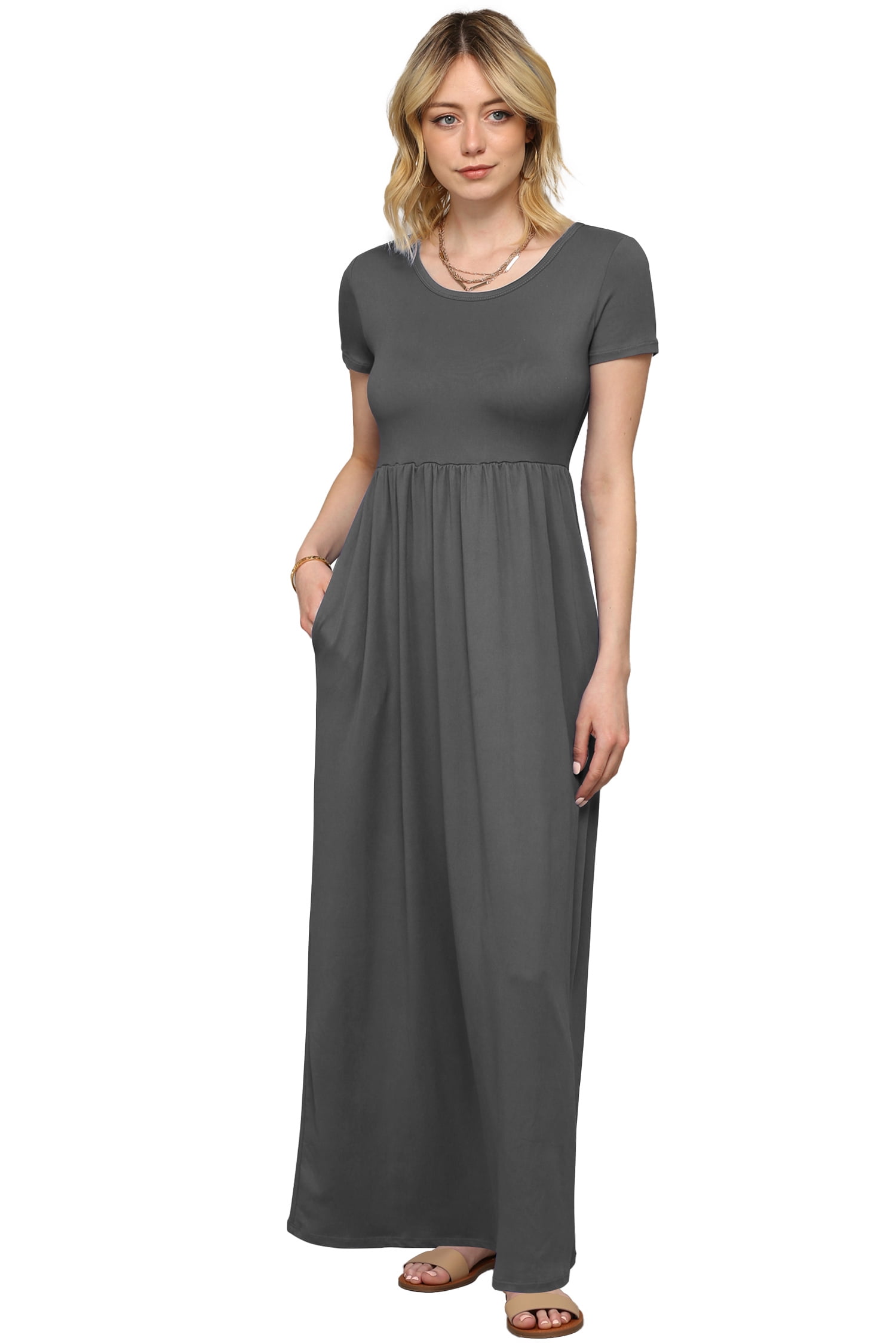 Made by Johnny Women's Short Sleeve Loose Plain Casual Long Maxi Dresses with Pockets L CHARCOAL