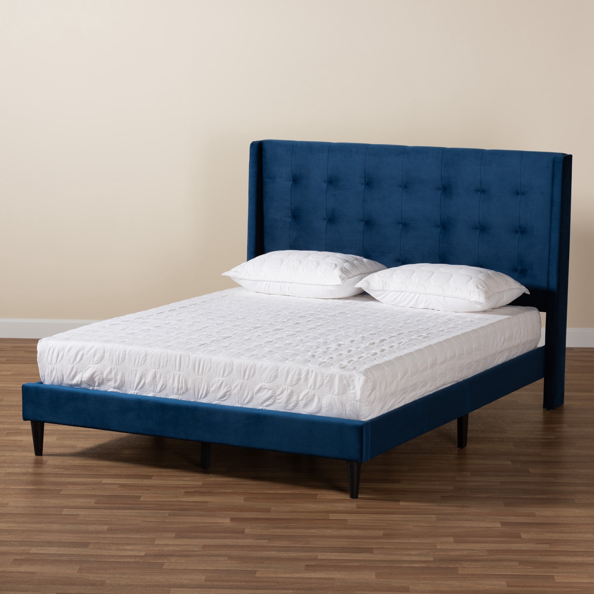 Baxton Studio Gothard Modern and Contemporary Navy Blue Velvet Fabric Upholstered and Dark Brown Finished Wood King Size Platform Bed