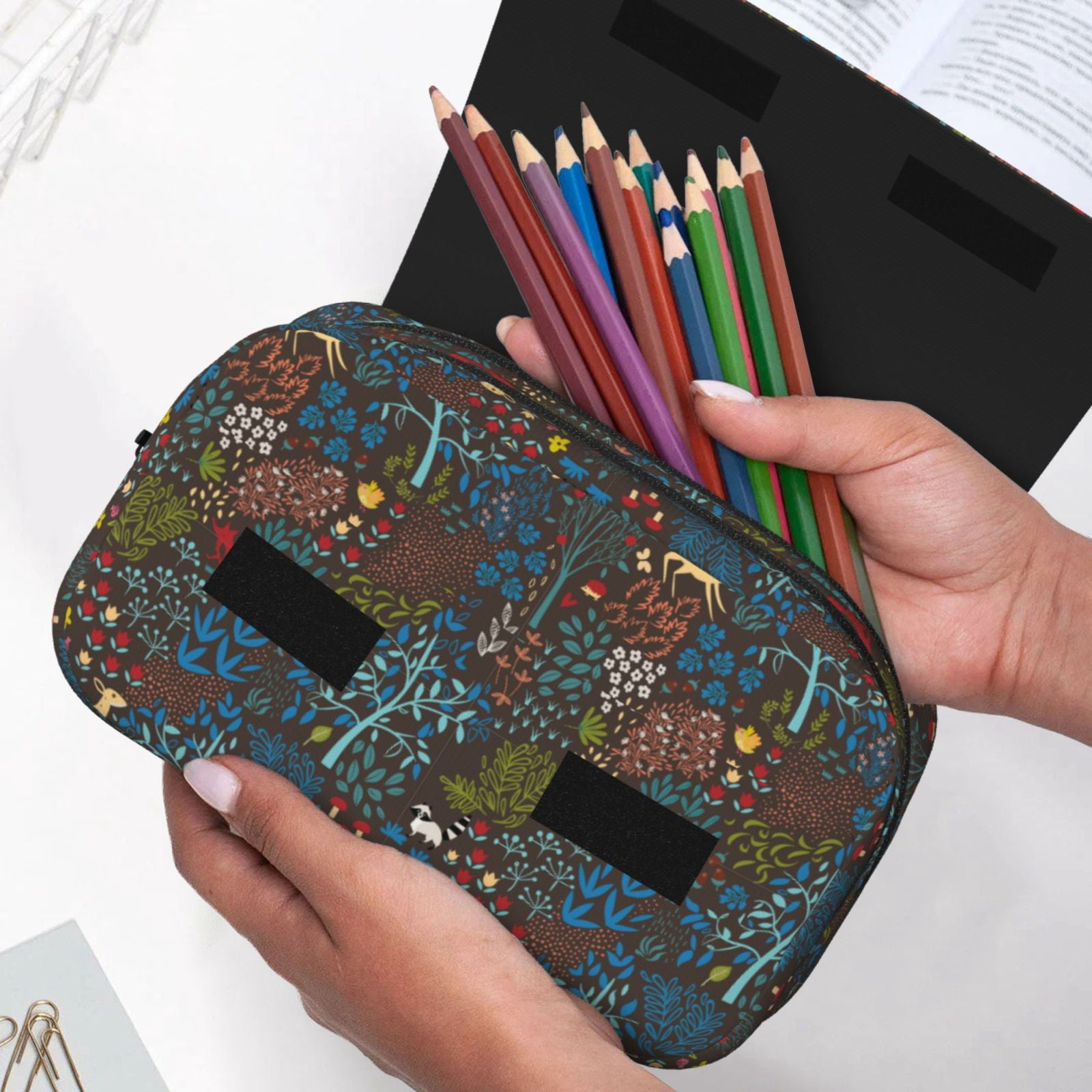 Rateoe Deers In The Forest 1 Pattern Double Clamshell Pen Case, Storage Organizer with Two Zipper Compartments– Holds Up to 50 Pencils & Pens