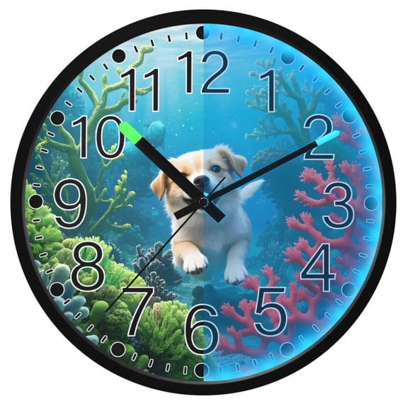 Ryvnso Dog under Sea 12 Inch Night Light Wall Clock Silent Battery Operated Luminous Clocks