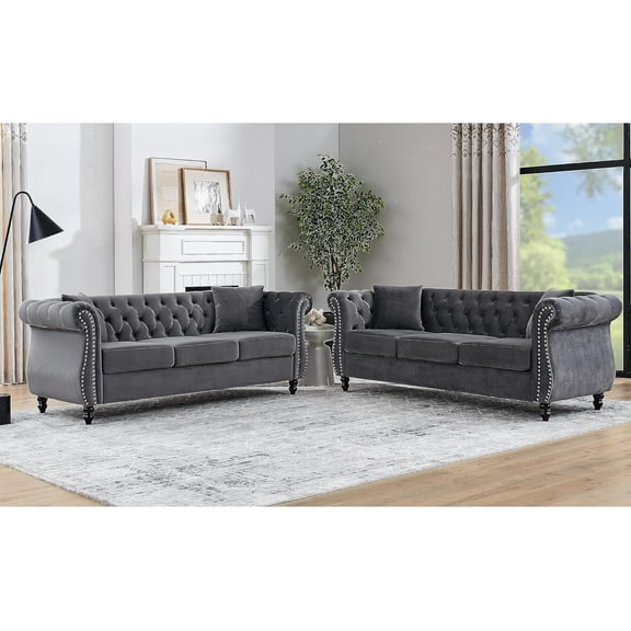 YWEN 80" 2 Piece 3-Seater Velvet Chesterfield Sofa for Living Room,Combination Sofa with 4 Pillows,Button Tufted Trimming Curved Backrest Rolled Arms with Black Legs