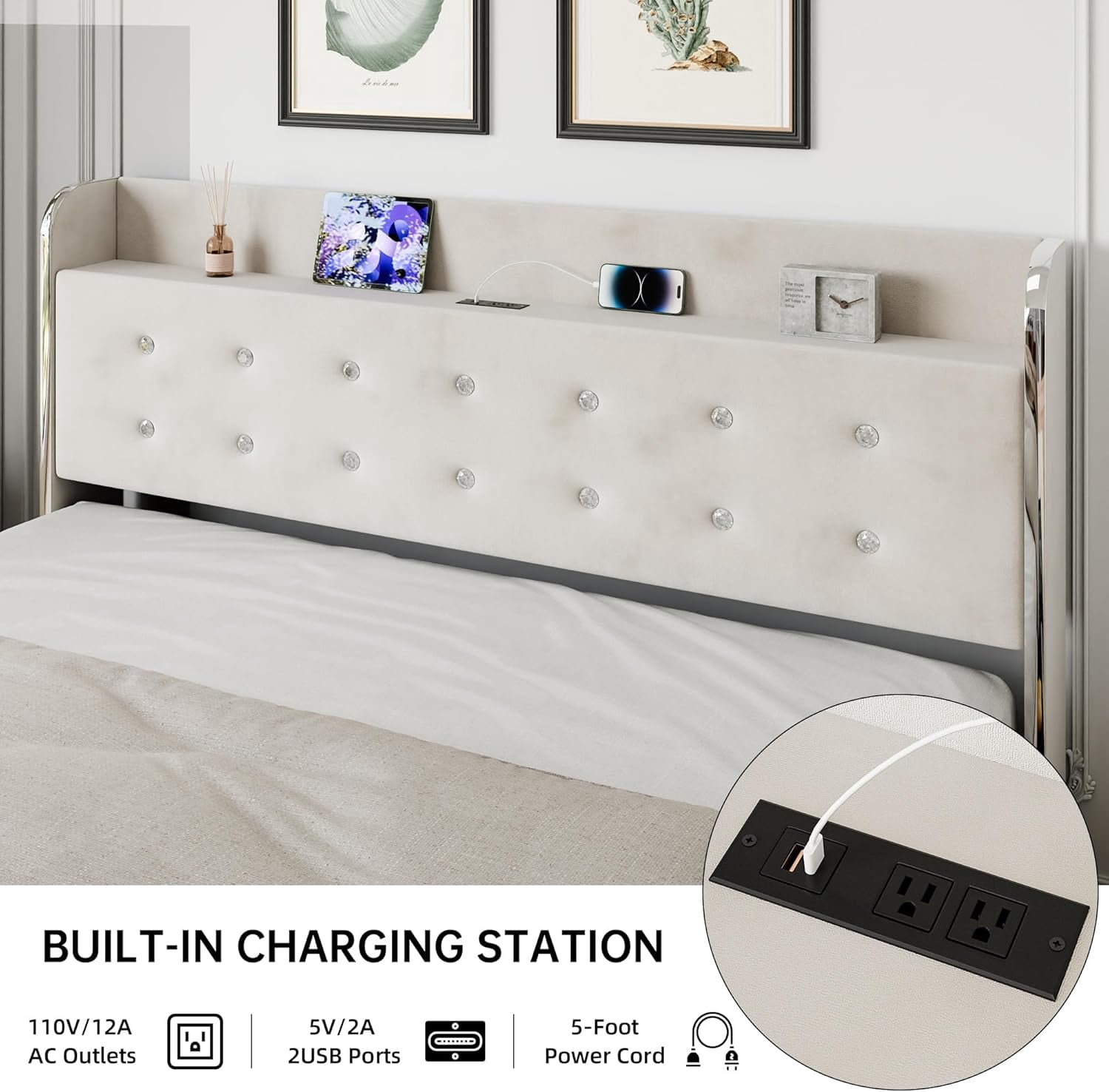 Queen Size Bed Frame, Upholstered Bed Frame with 4 Storage Drawers, Platform Bed Frame with Diamond Tufted Headboard, Wood Slat Support, No Springs Required, Easy to Assemble, White