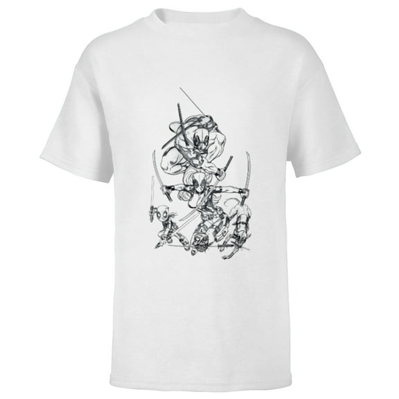 Marvel Deadpool Family Swords Comic Pencil Line Sketch Art- Short Sleeve T-Shirt for Kids - Customized-White