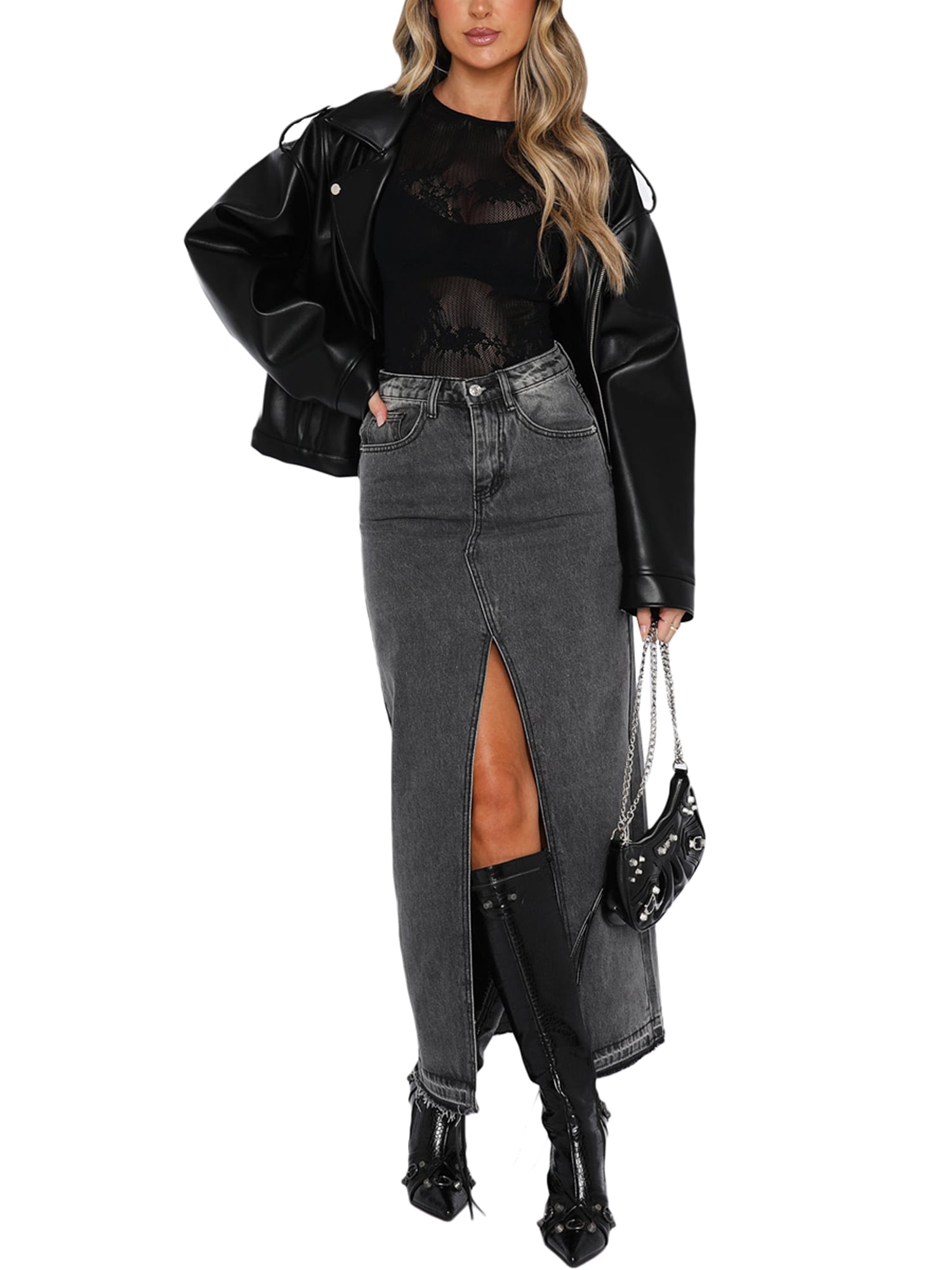 YiLvUst Women's Casual Denim Skirt High Waist Split Front Long Jean