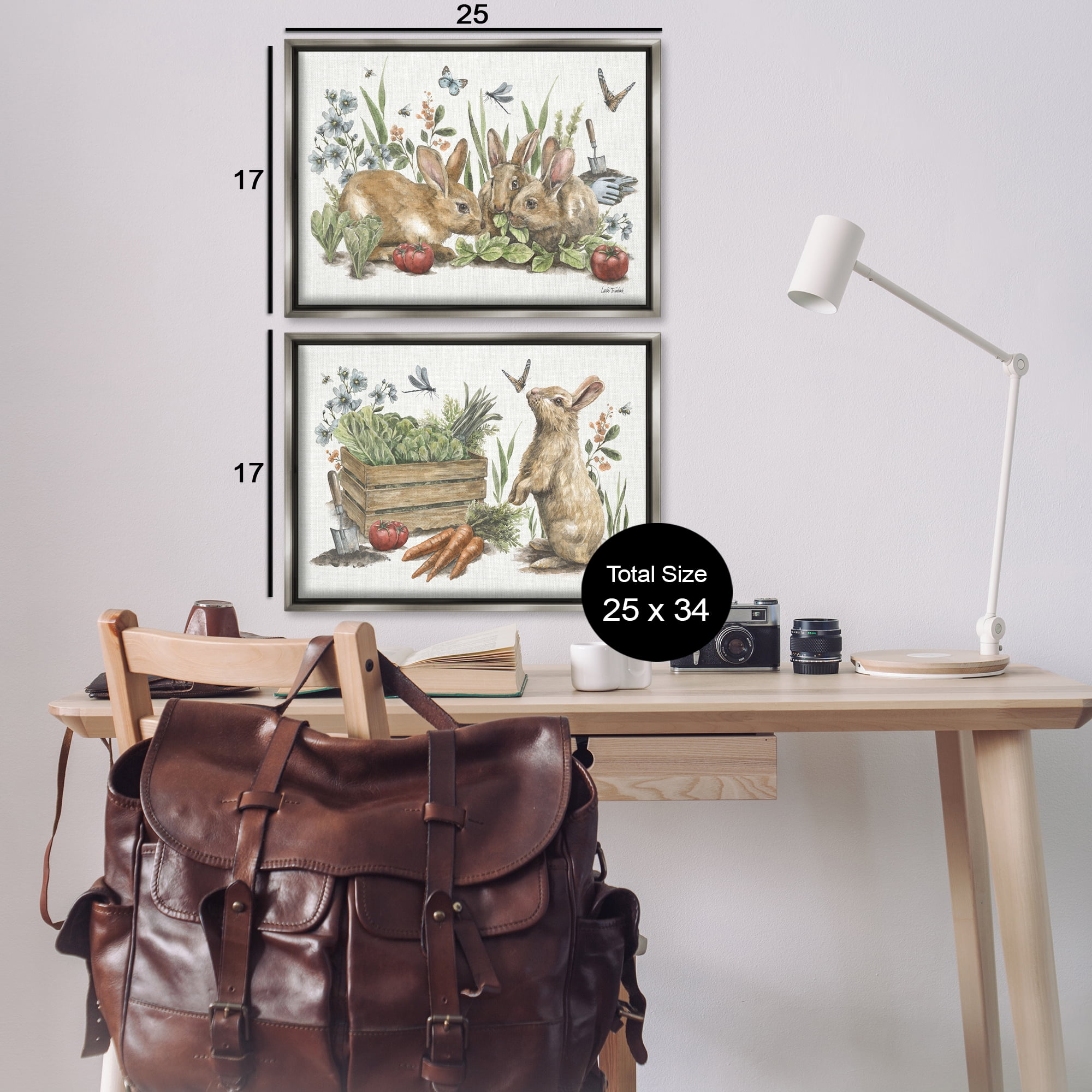 Stupell Industries Rabbit Vegetable Garden Party Animals Painting Gray Floater Framed Canvas Art Print Wall Art, 25 x 17, Set of 2