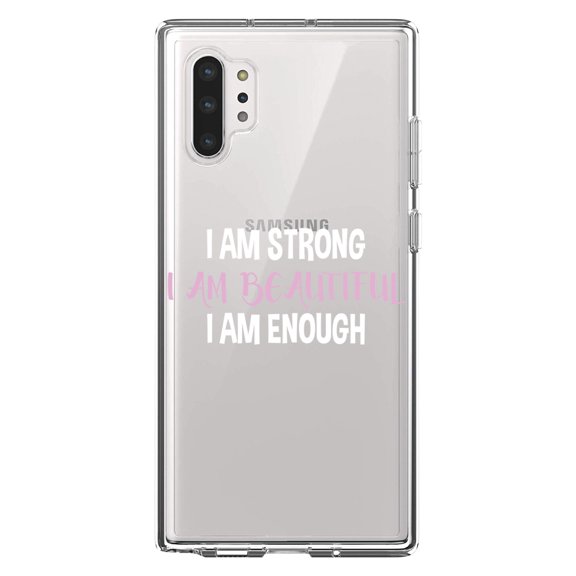 DistinctInk Clear Shockproof Hybrid Case for Galaxy Note 10 PLUS (6.8" Screen) - TPU Bumper Acrylic Back Tempered Glass Screen Protector - I Am Strong I Am Beautiful I Am Enough