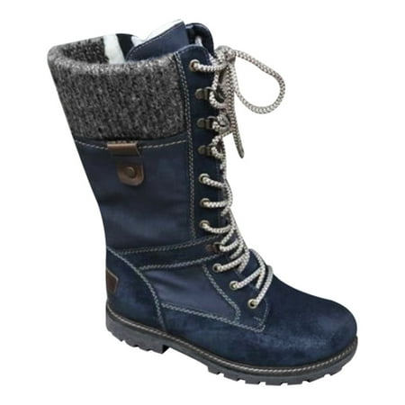 

Women s Flat Lace Up Mid Calf Boots Ladies Biker Riding Winter Warm Shoes