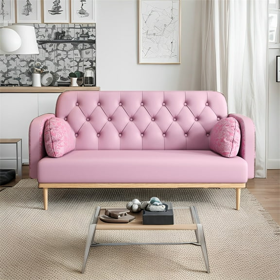 Cfowner 57" Modern PU Leather Loveseat sofa with 2 Dumpling-Shaped Throw Pillows, Small Sofa Couch for Living Room, Bedroom, Office, Light Pink