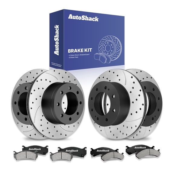 AutoShack Front & Rear Brake Rotors & Ceramic Pads for Chevrolet & GMC, Silverado 2500 HD 2001-2006 Sierra 2500 HD 2001-2006, 4WD RWD V8 6.0L 6.6L 8.1L - E-Coated Drilled & Slotted - ShadowGuard