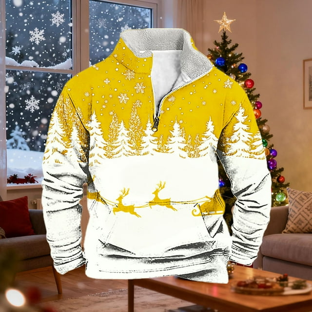 Ceisia Warm Fleece-Lined Mens Loose Fit Christmas Print Half-Zip Stand Collar Sweatshirt Gifts