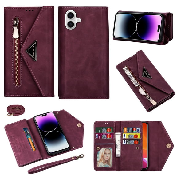 Crossbody Strap Wallet Case For iPhone 16 , Magnetic Book Envelope Design PU Leather Shoulder Strap Hand Wrist Stand Flip Cards Slots Cover with wrist Strap for iPhone 16,Winered