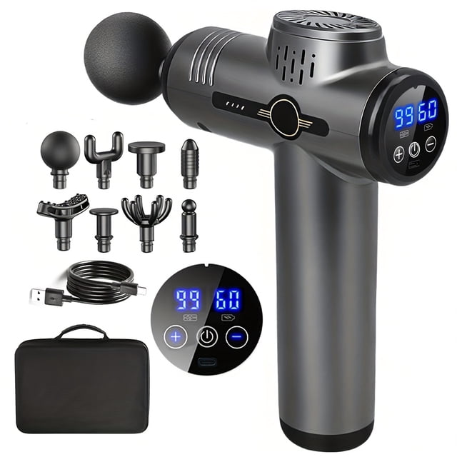 Compact massage device featuring 8 attachments and 99 speed settings, designed for powerful muscle relief for sports enthusiasts. The device has a sleek gray finish with a digital display showing speed and time settings. Includes a rechargeable lithium battery, USB charging cable, and a carrying case. Suitable for use on the waist, back, and whole body.