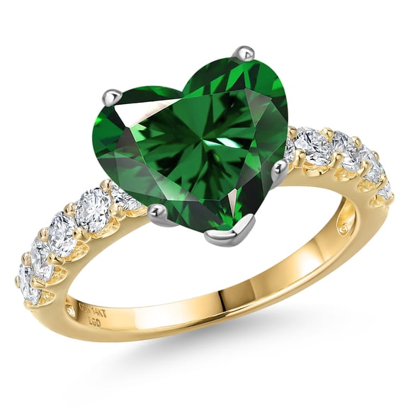 Gem Stone King 14K Two Tone Gold Green Nano Emerald and Lab Grown Diamond Engagement Ring for Women | 3.65 Cttw | Heart Shape 10MM | Gemstone May Birthstone | Size 7
