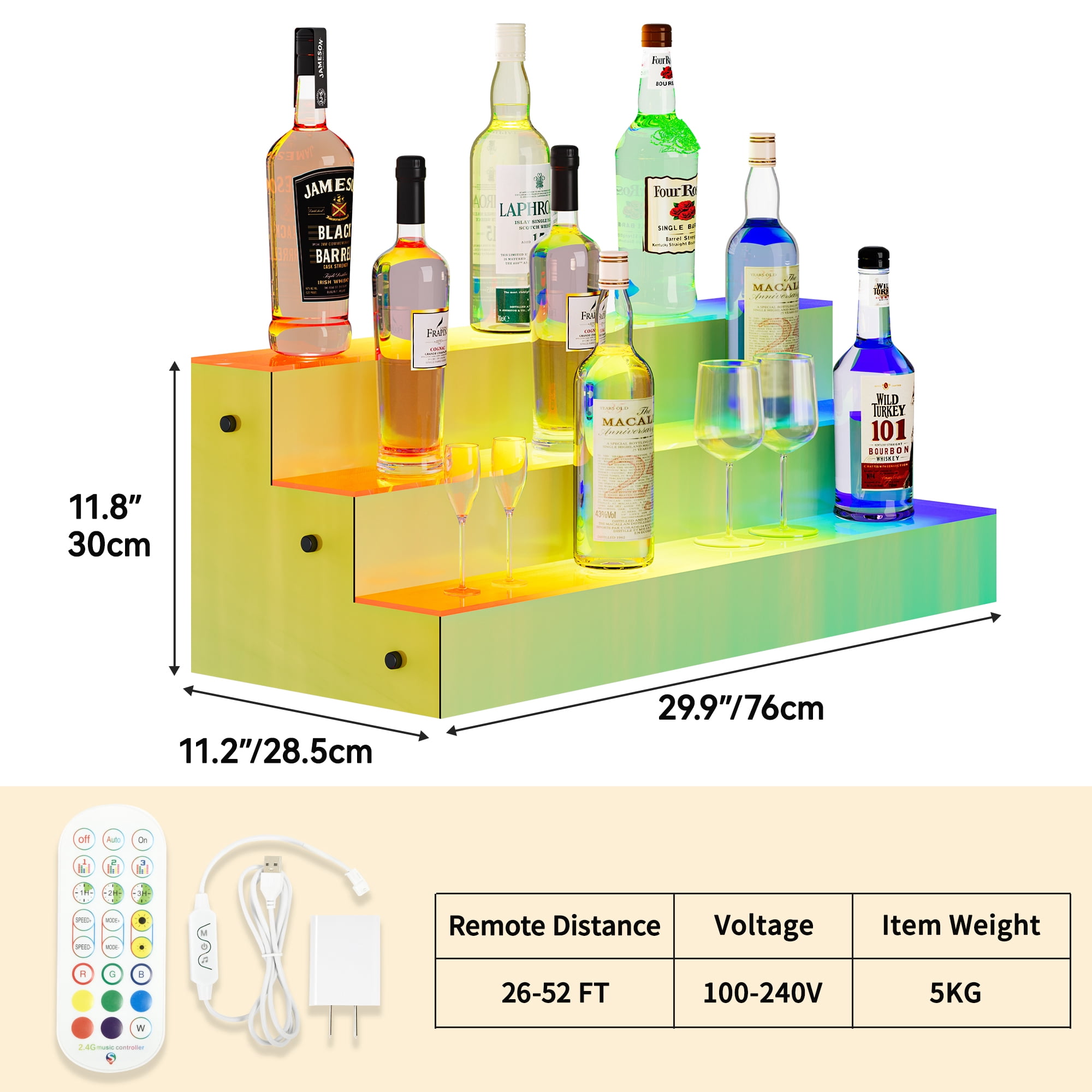 Uforic LED Liquor Bottle Display Shelf 3 Tier 30-Inch Lighted Bar Shelves Colorful Acrylic Storage Rack with Dazzling Panel RF Remote & App Control Supports Power Bank Multicolor Lighting Shelf