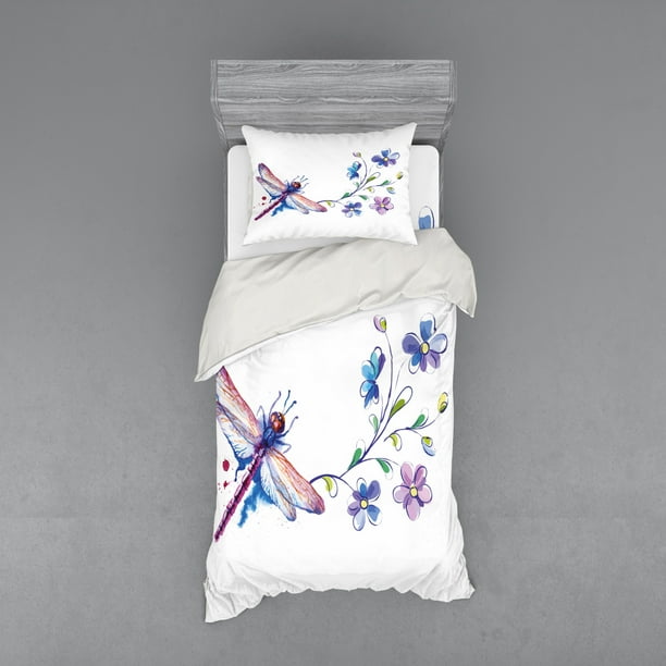 Dragonfly Duvet Cover Set Watercolor Bug Butterfly Like Moth Branch Ivy Flowers Lilies Art Bedding Set With Shams And Fitted Sheet 3 Sizes By Ambesonne Walmart Com Walmart Com