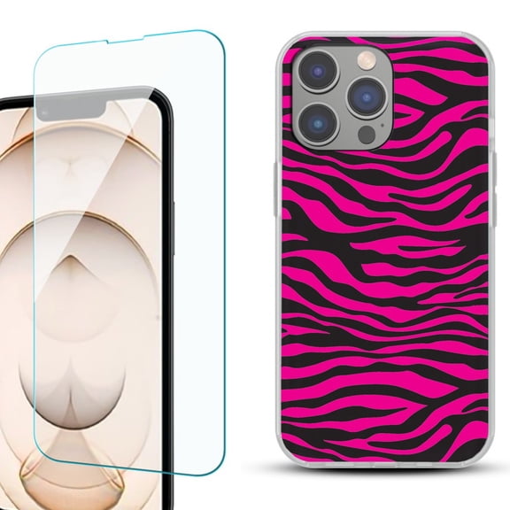 Slim-Fit Gel TPU Phone Case for iPhone 14 Pro, with Tempered Glass Screen Protector, by OneToughShield ® - Zebra Pink