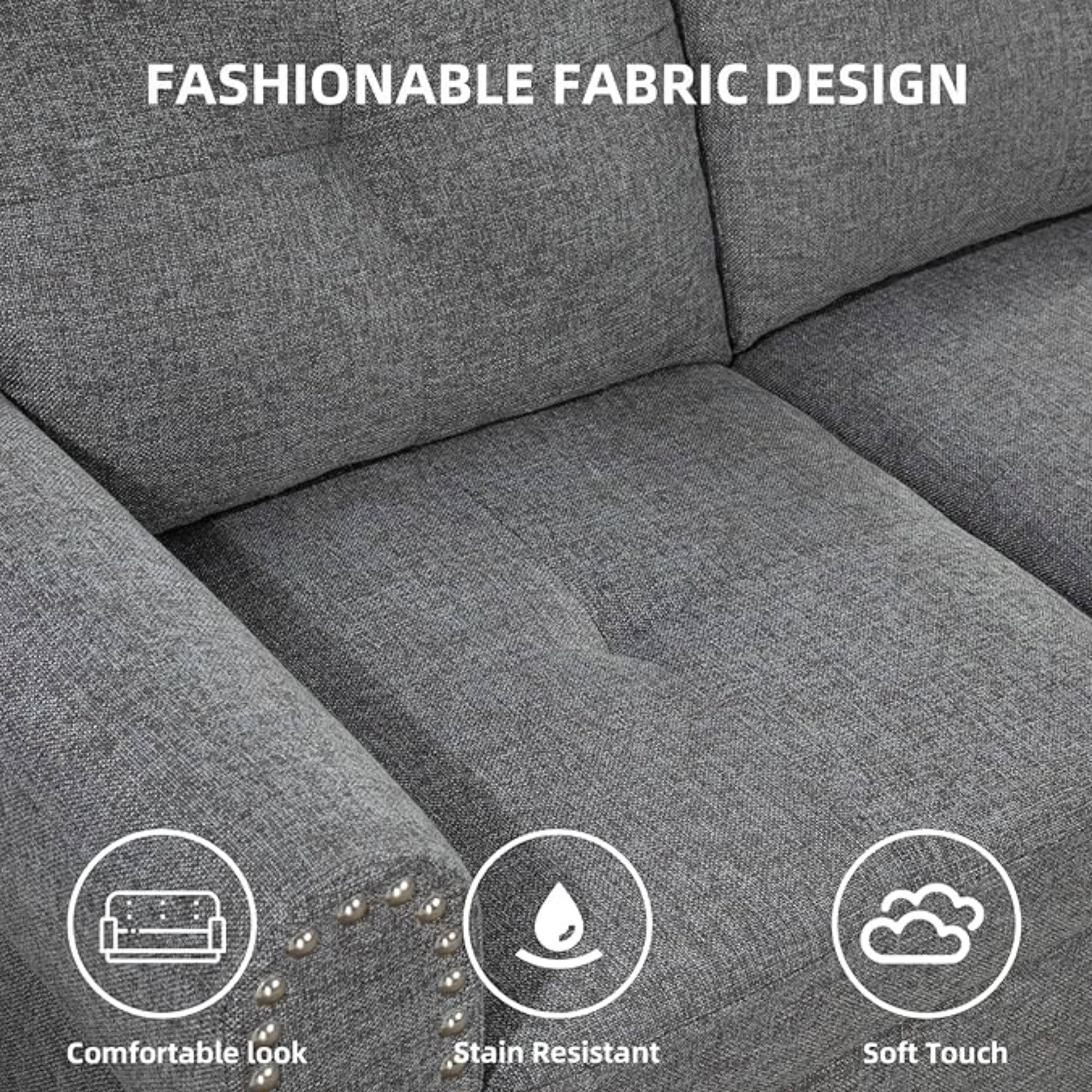 L-Shaped Linen Sectional Sofa with Left Chaise, Modular Tufted Couch Nail-Head Lounge Sofa for Living Room, Grey