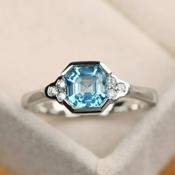 Real Swiss blue topaz anniversary ring,sterling silver,asscher cut ,November birthstone ring