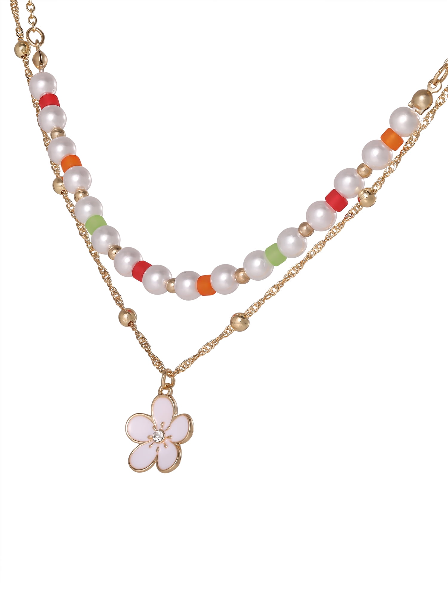 Celebrity Pink Women's Layered Flower Charm Necklace with Adjustable Chain