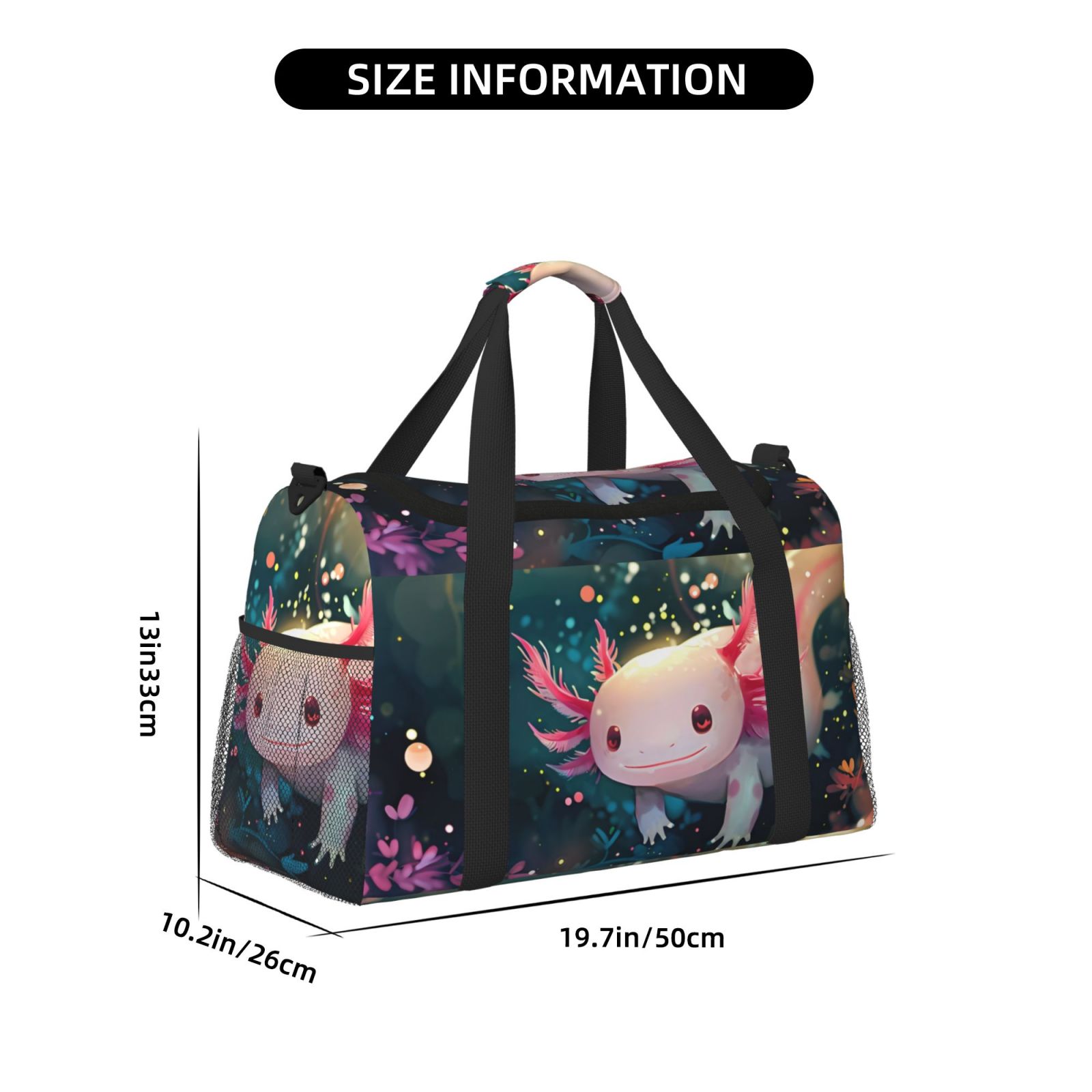 Kuqiui Whimsical Axolotl Fantasy Print Foldable Travel Duffel Bag Tote Carry on Luggage Bag Personal item Sports Gym Bag Water Resistant Weekender Overnight Bags for Women and Men