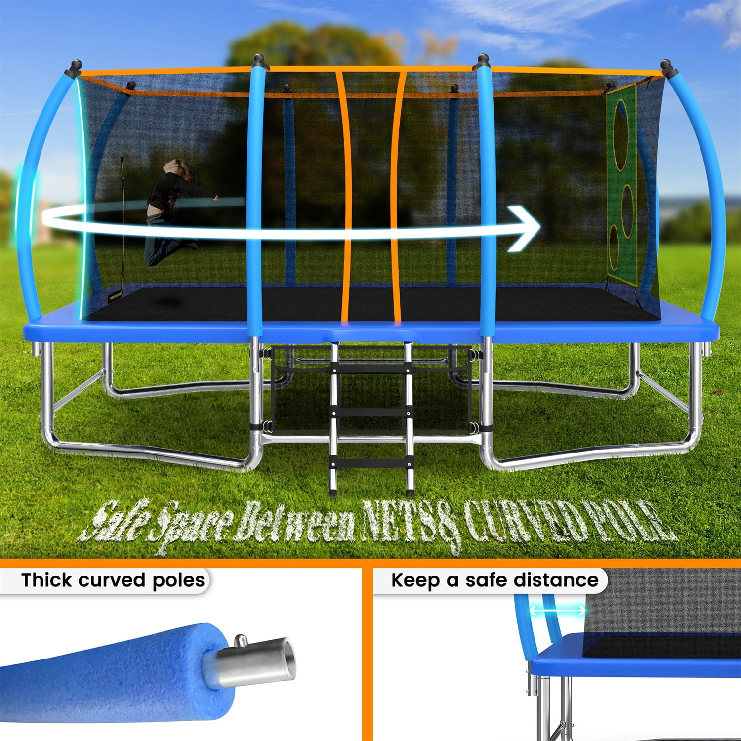 Hommoo 8x14FT Outdoor Square Trampolines with Basketball Hoop and Ladder, Long Rectangular Tumbling Trampoline, Blue