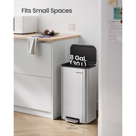 8 - Gallon (30 L) Stainless Steel Kitchen Trash Can with Lid. Features Soft Close, Stays Open Function, Wide Non - Slip Pedal. Metallic Silver