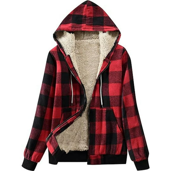 FDGIU Women's Plaid Flannel Shacket - Plus Size Fleece Lined Hooded Coat, Long Sleeve Button-Down Shirt Jacket, Oversized Flannel Hoodie, Warm Winter Zip-Up Coat