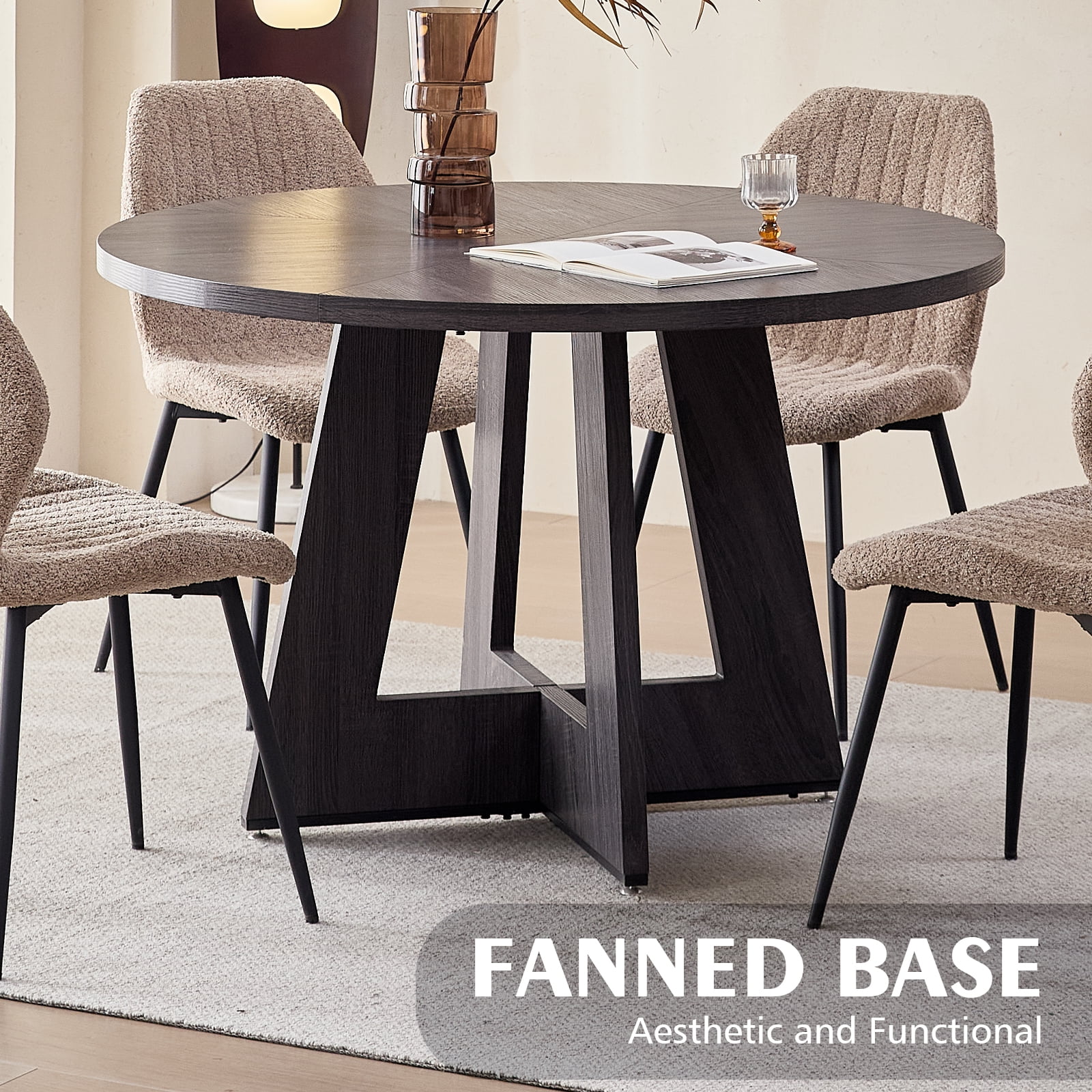 47 inch Round Dining Table, Farmhouse Circle Kitchen Table, Large Wood Dinner Table for 4, Wooden Pedestal Dinning Table for Dining Room, Mid Century Modern Style, Gray