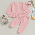 thumbnail image 7 of Okbabeha Baby Girl Fall Outfits Cotton Linen Solid Color Ruffle T-Shirt Dress+Long Pants Headband Toddler Winter Clothes, 7 of 7