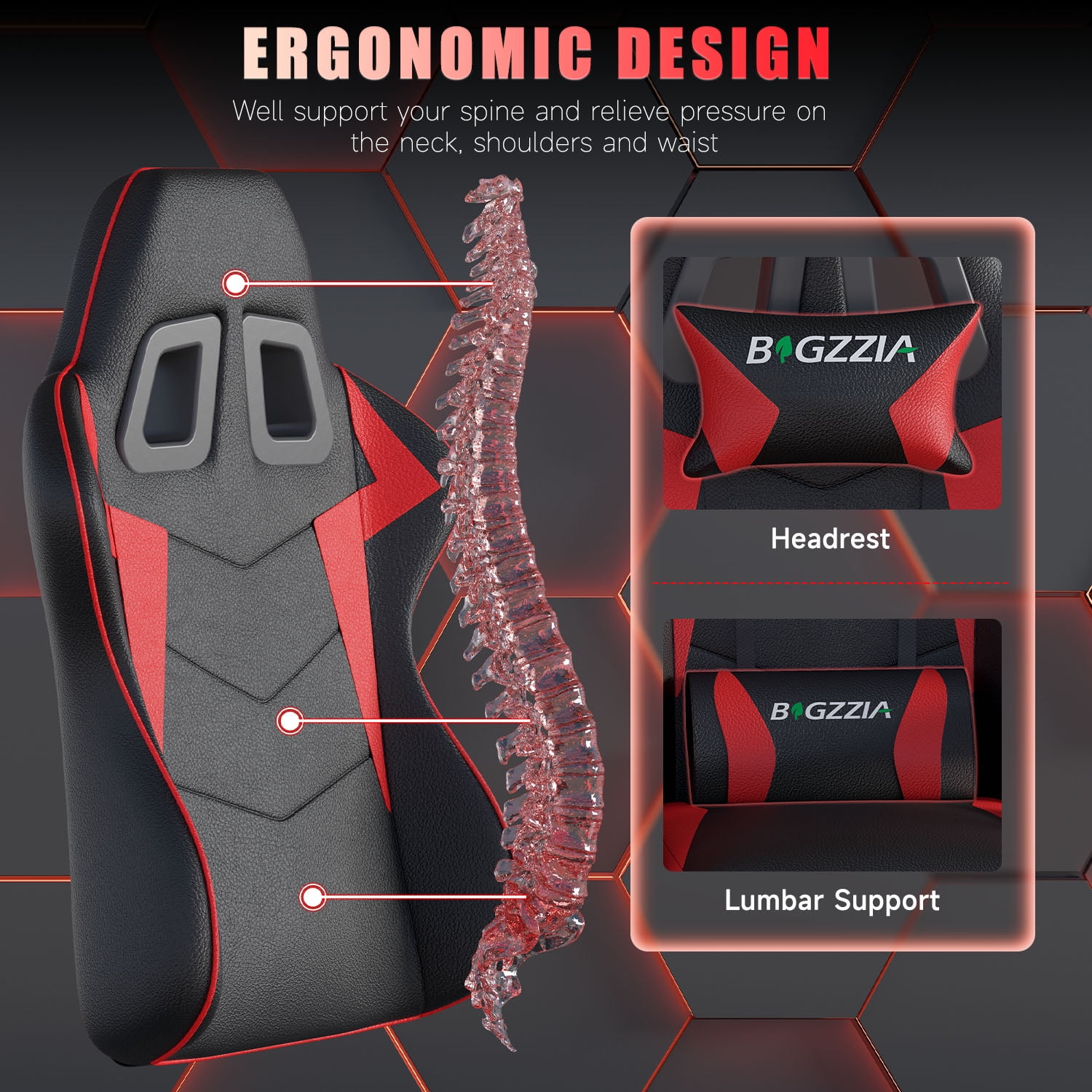 Bigzzia Gaming Chair, Computer with Lumbar Support Height Adjustable with 360-Swivel Seat and Headrest for Office or Gaming (Red)