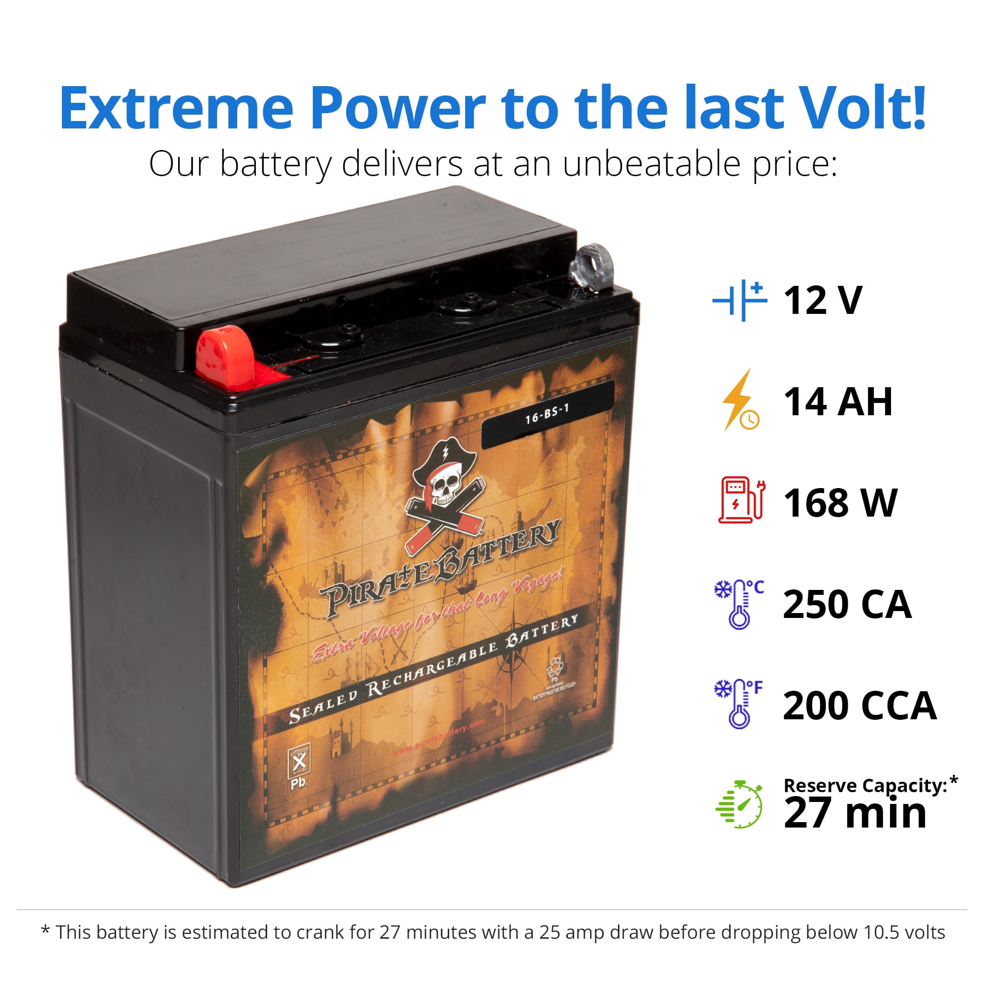 Pirate Battery Ytx16-bs-1 (16-bs-1 12 Volts,14 Ah, 165 Cca) High Performance - Maintenance Free - Sealed AGM Motorcycle Battery