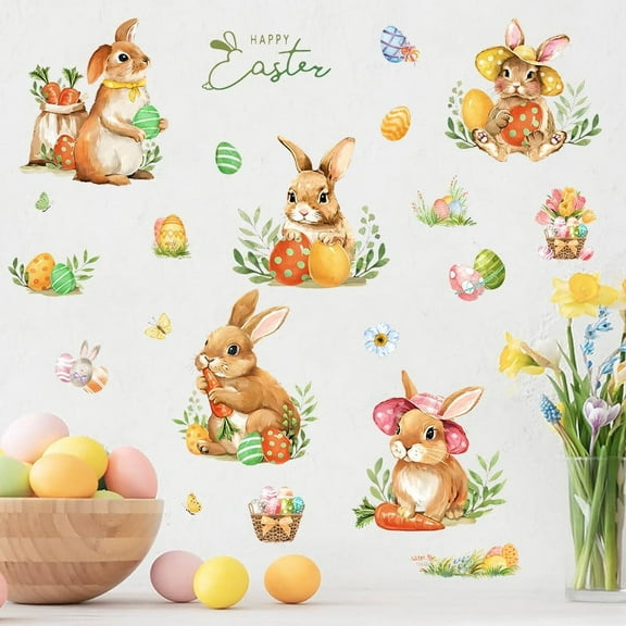 Easter Window Clings, Vintage Style Easter Bunny Rabbit Egg Window Stickers, Reusable Glass Decal for Home, Party Supplies, Shop Glass Mirror Decor, 5 Sheets