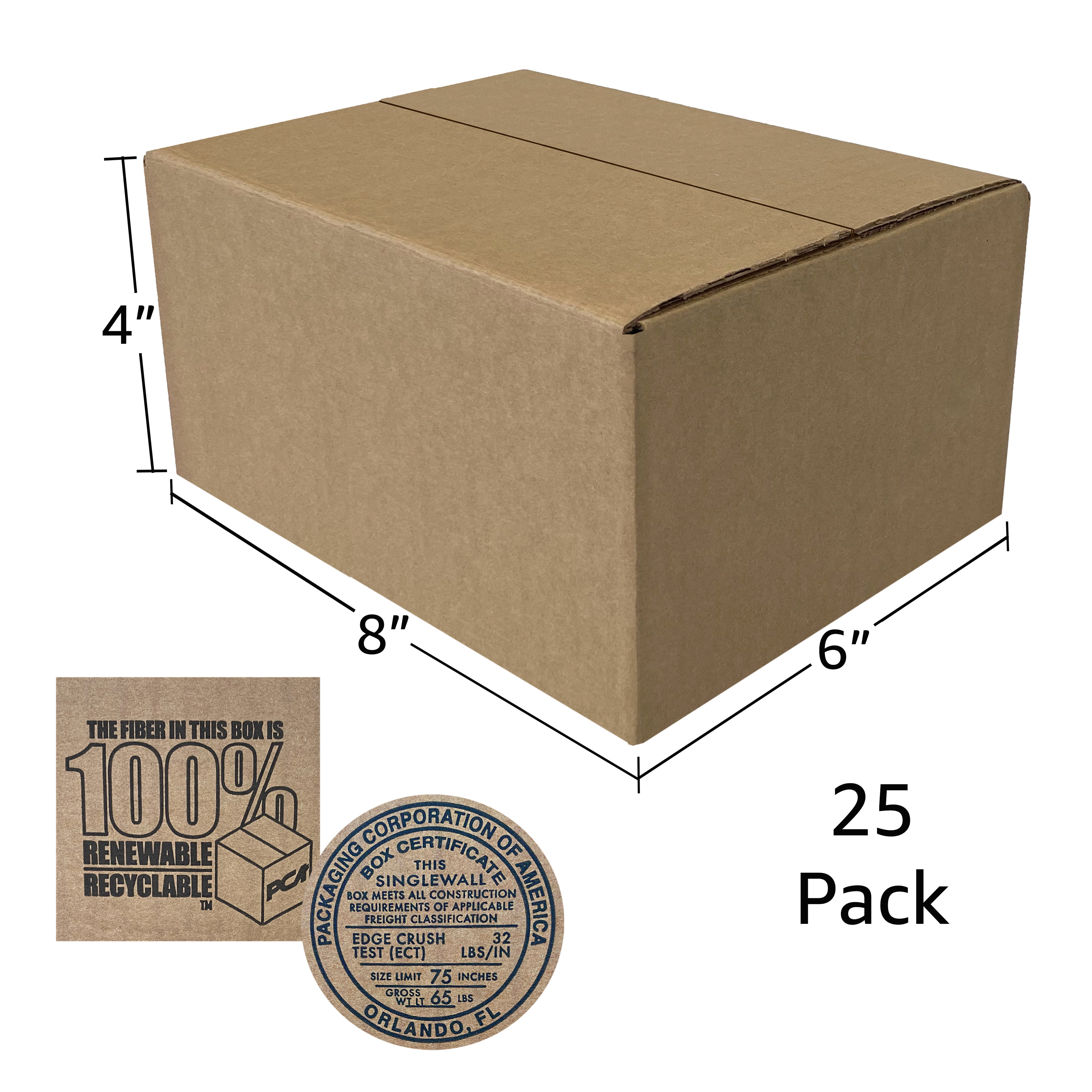 UOFFICE Single Wall Standard Shipping Boxes, 8 x 6 x 4 in, 25 Count, 1 Pack