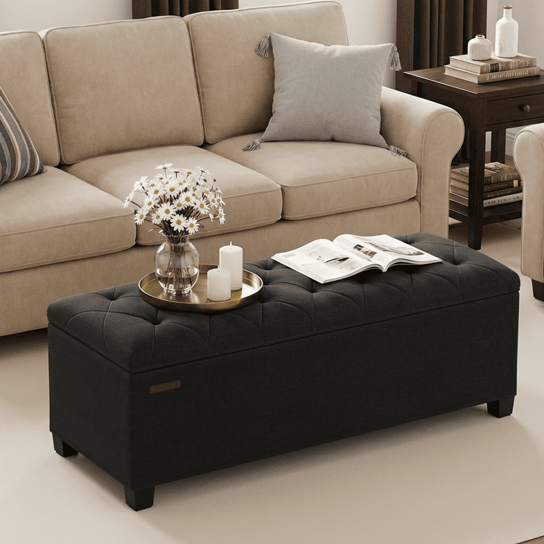 LEDREM Storage Ottoman Bench, 43" End of Bed Bench with Removable Cover, 660lb Capacity, for Living Room, Bedroom, Ink Black