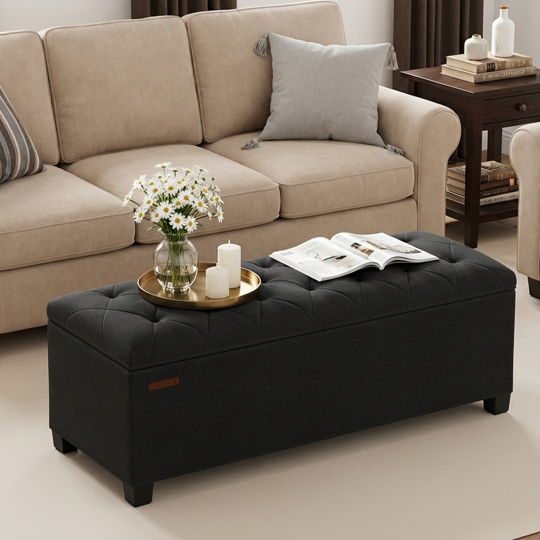 Ledrem 43" Storage Ottoman Bench with Removable Cover, Black photo 2