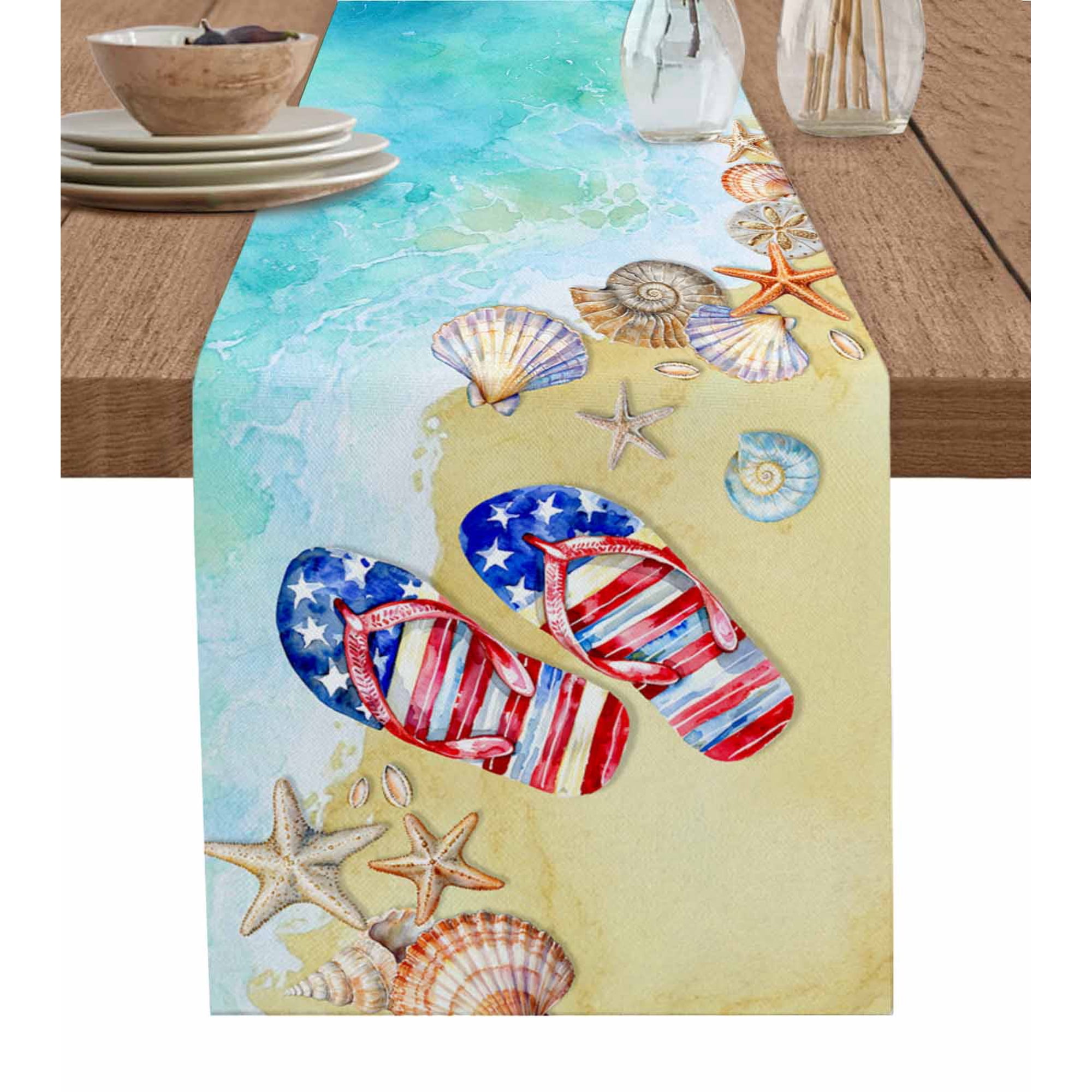 Boanket Teal Coastal Slippers Table Runner - 60 Inch Long Kitchen Dining Table Runner Dresser Scarves Summer Beach Shell Seaside Farmhouse Decor for Coffee Tables Wedding Party Banquet